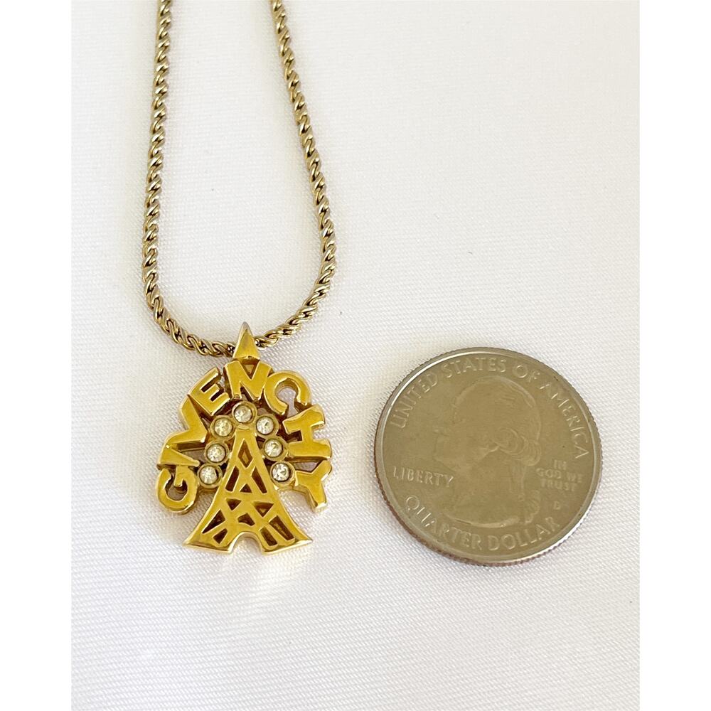 GIVENCHY Eiffel Tower Gold Necklace Vintage Accessory Pendant Logo Rhinestone - Picture 9 of 15